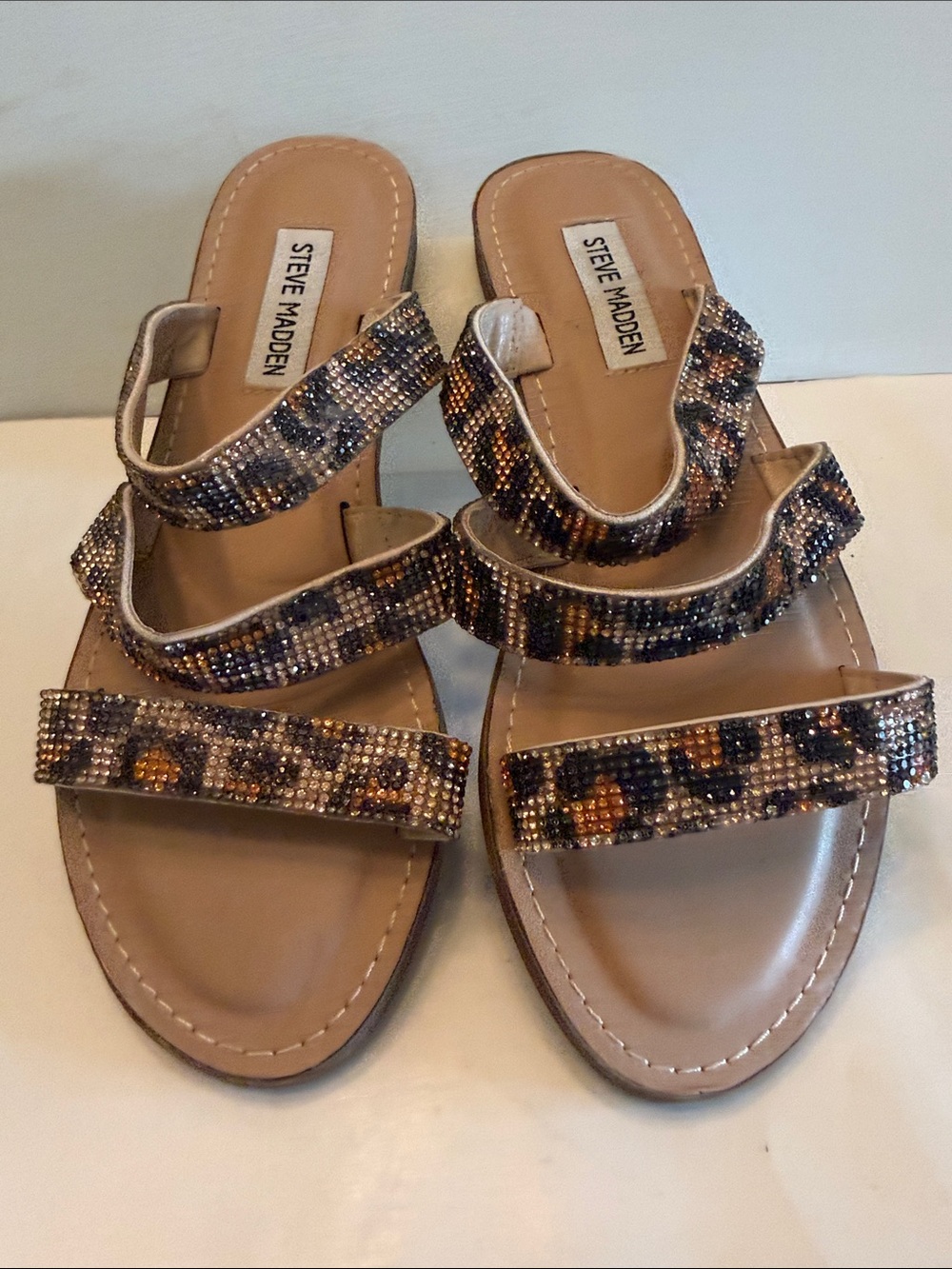 Steve Madden Matisse faux leopard sandals rhinestone shimmer summer flats